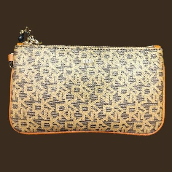 Dkny Womens Wristlet Bag Leather Signature Logo Brown Tan Boxed Nwt - Picture 5 of 6